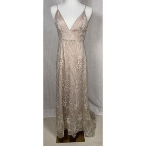 Showpo Maxi Dress Formal Women's Beige Gold Train US 4 Glitter Flower Lace